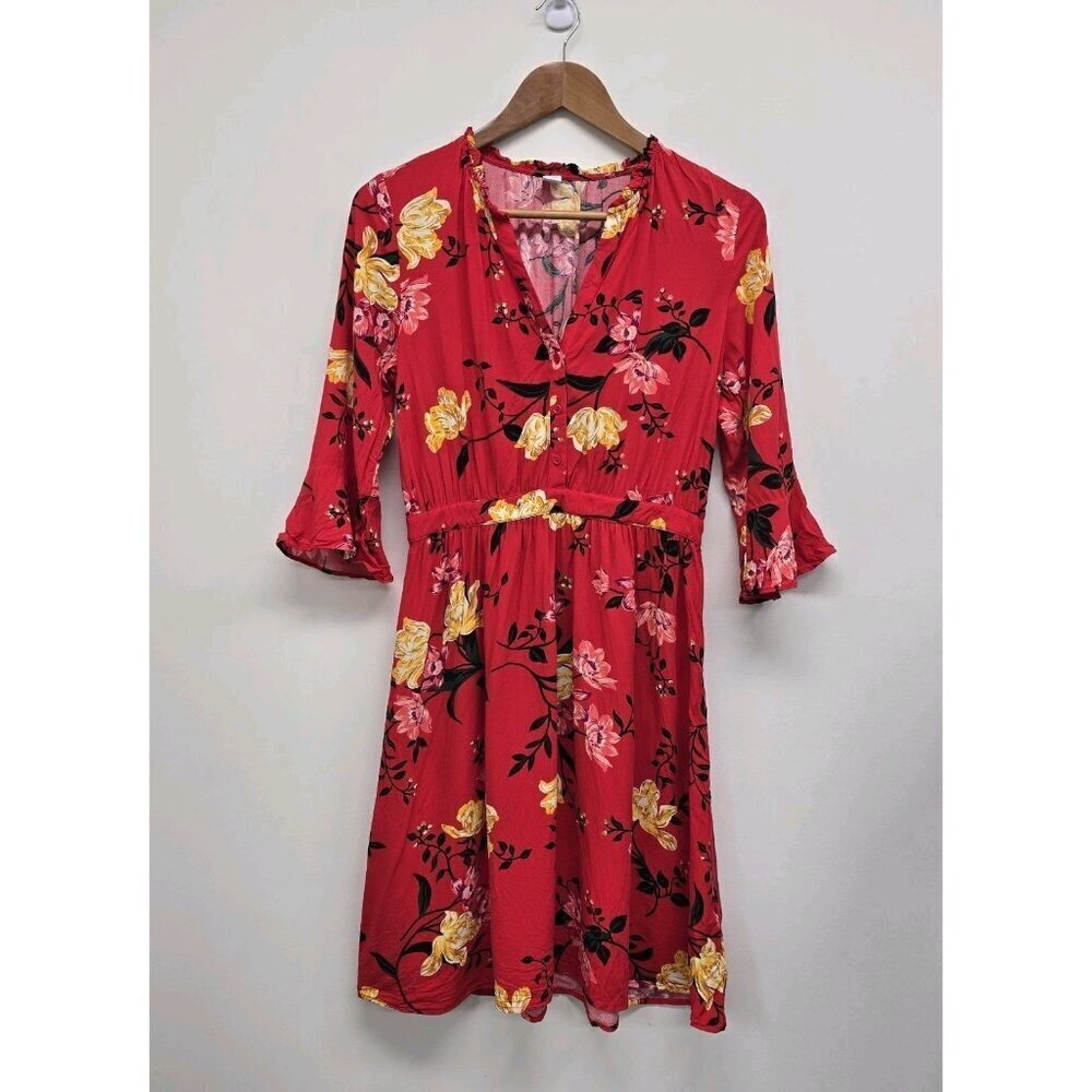 Old Navy Womens Fit & Flare Henley Dress Women's M Knee Length Red Floral Boho